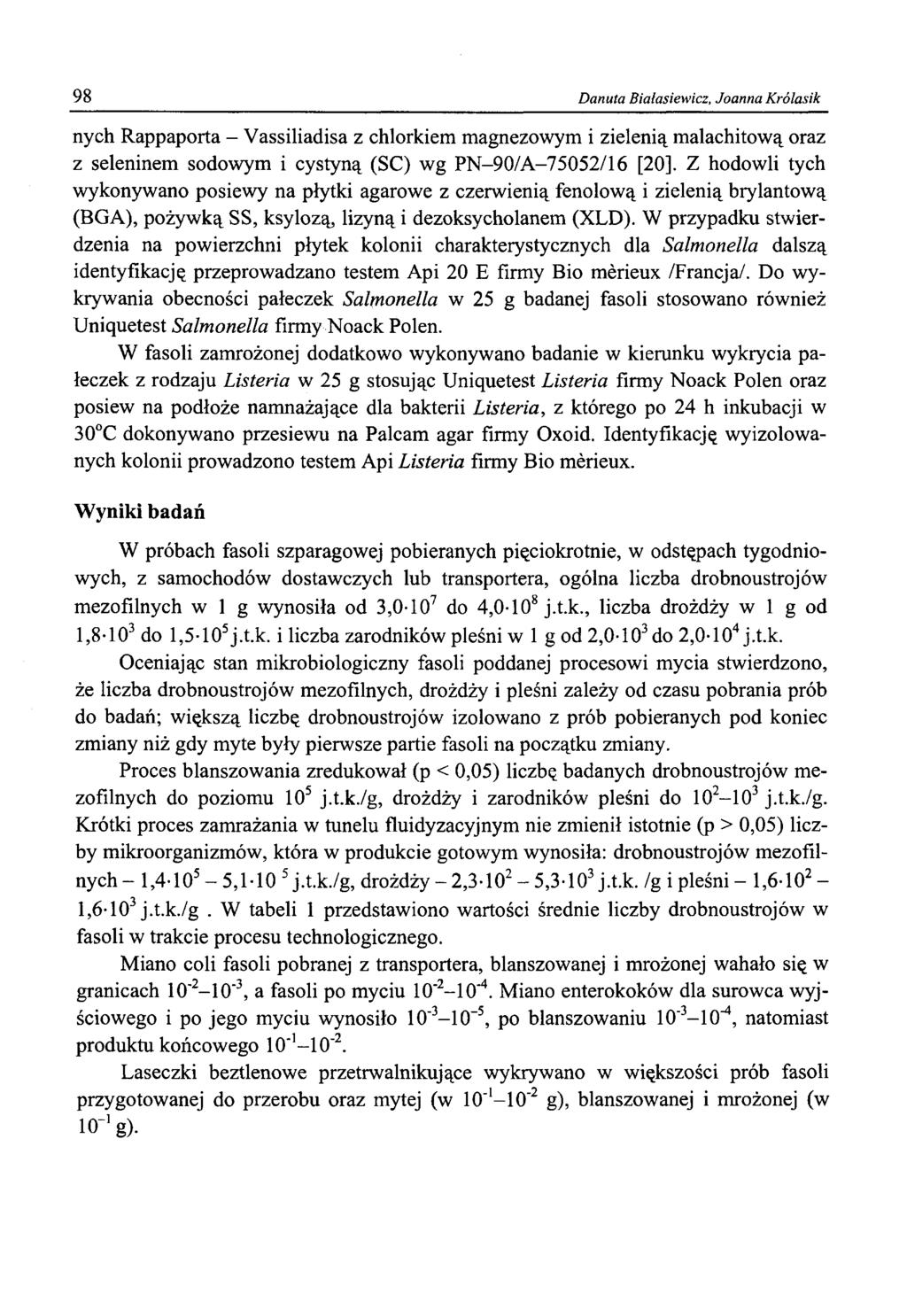 98 Danuta Białasiewicz, Joanna Królasik nych Rappaporta - Vassiliadisa z chlorkiem magnezowym i zielenią malachitową oraz z seleninem sodowym i cystyną (SC) wg PN-90/A-75052/16 [20].