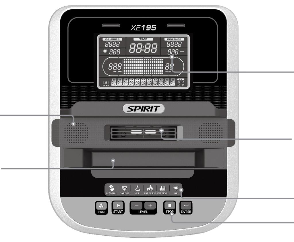 STOSOWANIE KONSOLI XE 95 POZNAJ PANEL KONTROLNY Duży ekran LCD z przewijanymi wiadomościami message center Wbudowane głośniki dla odtwarzacza MP3 Obracany wentylator do chłodzenia Wygodny schowek na
