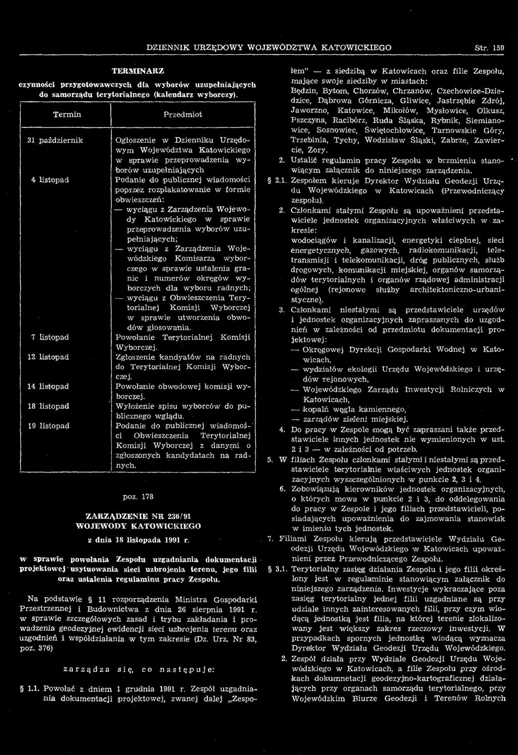 7 listopad Powołanie Terytorialnej Komisji Wyborczej. 12 listopad Zgłoszenie kandyatów na radnych do Terytorialnej Komisji Wyborczej. 14 listopad Powołanie obwodowej komisji wyborczej.