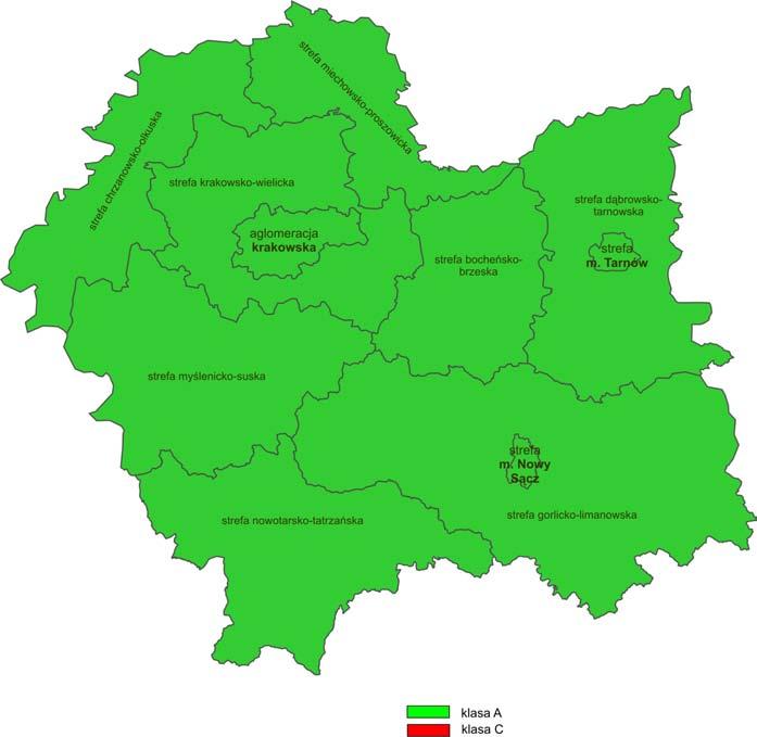 Mapa 9. Klasyfikacja stref dla Ni - kryterium ochrony zdrowia Tabela 3.11. Klasyfikacja stref z uwzględnieniem kryteriów określonych w celu ochrony zdrowia dla benzo(a)pirenu Lp.