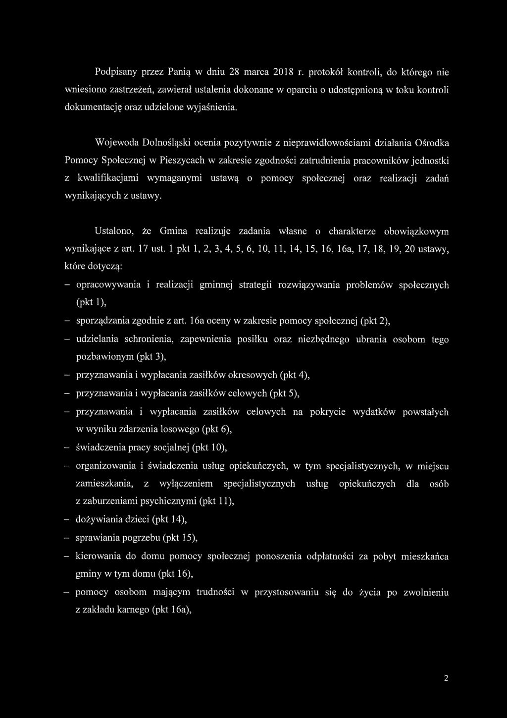 Wojewoda Dolnośląski ocenia pozytywnie z nieprawidłowościami działania Ośrodka Pomocy Społecznej w Pieszycach w zakresie zgodności zatrudnienia pracowników jednostki z kwalifikacjami wymaganymi