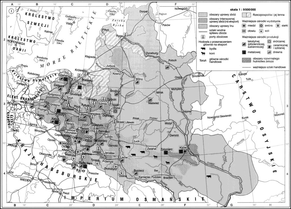 Mapa do zadania 8. Na podstawie: Atlas historyczny Od starożytności do współczesności, Warszawa 2008. Zadanie 8. Spośród podanych odpowiedzi wybierz tytuł dla powyższej mapy. A. Gospodarka polska w okresie rozbicia dzielnicowego B.