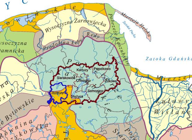 Rys. 3 Położenie Fizyczno-geograficzne Gminy Sulęczyno // Źródło: Opracowanie własne na podkładzie z www.wikipedia.