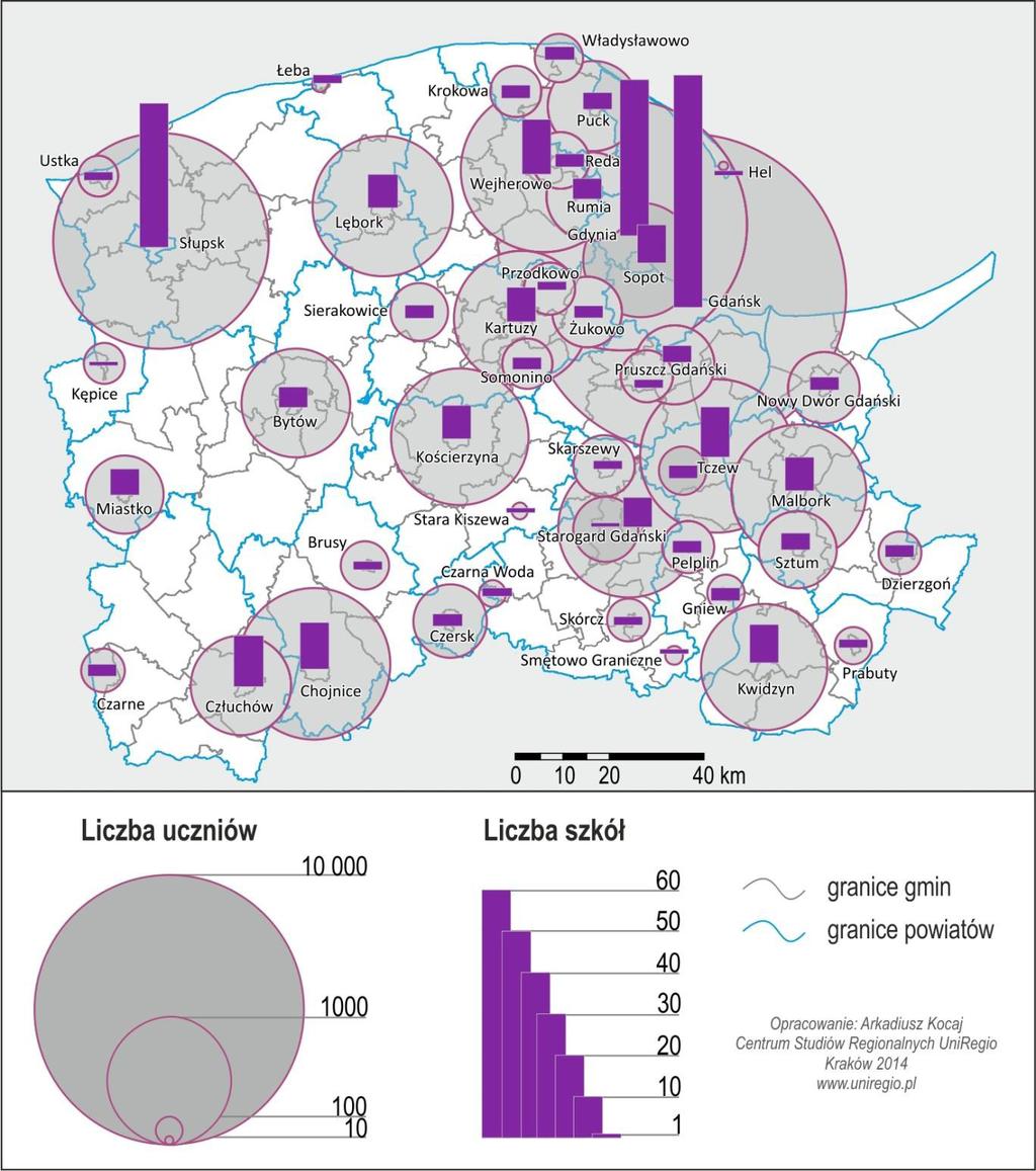 Wpływ lokalizacji ponadgimnazjalnych ośrodków edukacyjnych na potrzeby komunikacyjne mieszkańców Gminy Sulęczyno prezentują grafiki zaczerpnięte z opracowań wojewódzkich, przedstawiające terytorialny