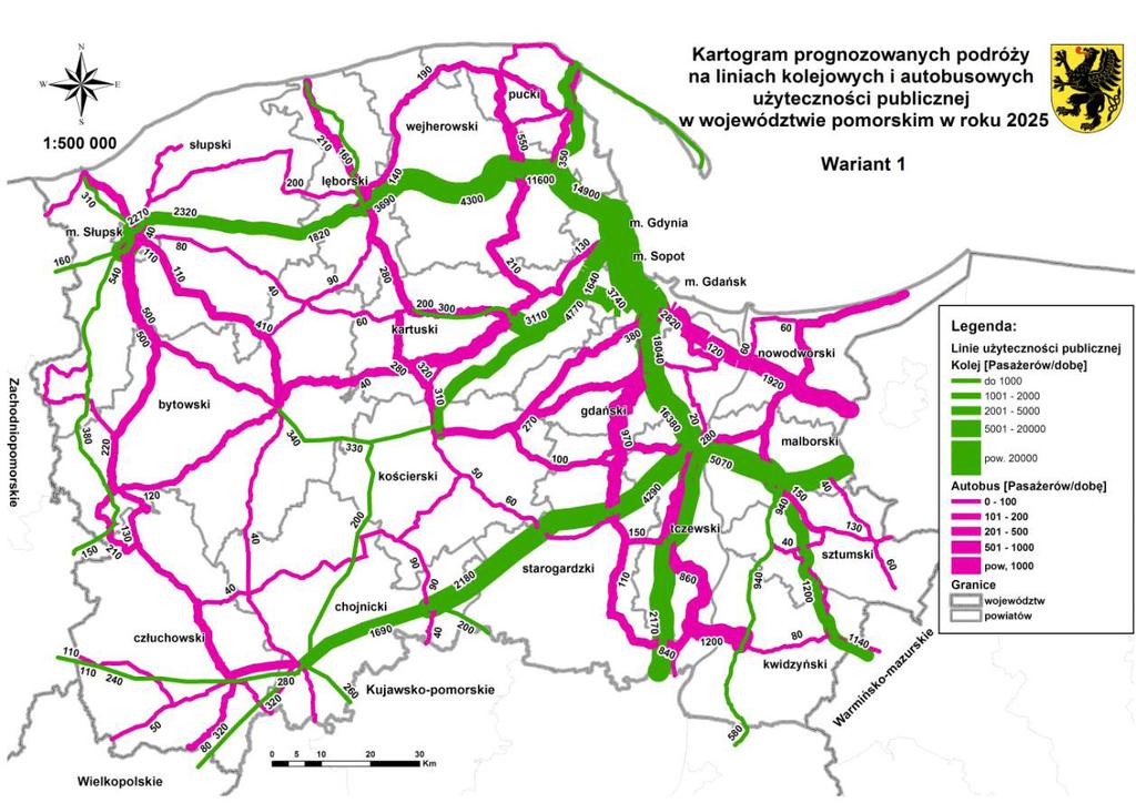 W wyniku przeprowadzonych przez zespół badawczy naukowców z Politechniki Gdańskiej [ 52, 53 ] analiz i modelowania rozkładu potoków pasażerskich na projektowaną sieć transportową Województwa