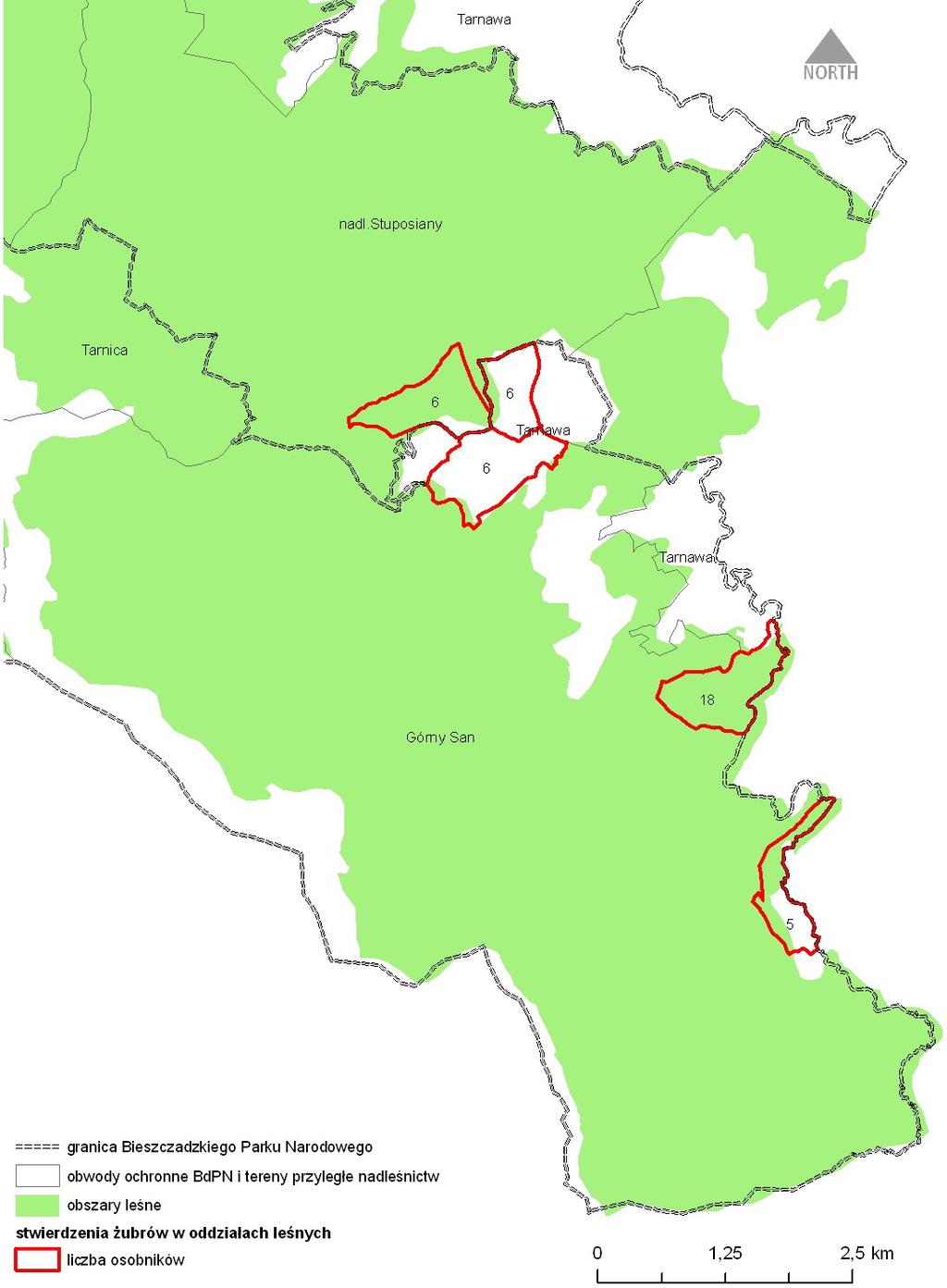Ryc.11 Obszar lokalizacji Ŝubrów (oddziały leśne - czerwona linia) na terenie obwodu ochronnego Górny San, Tarawa i obszarze Nadl.