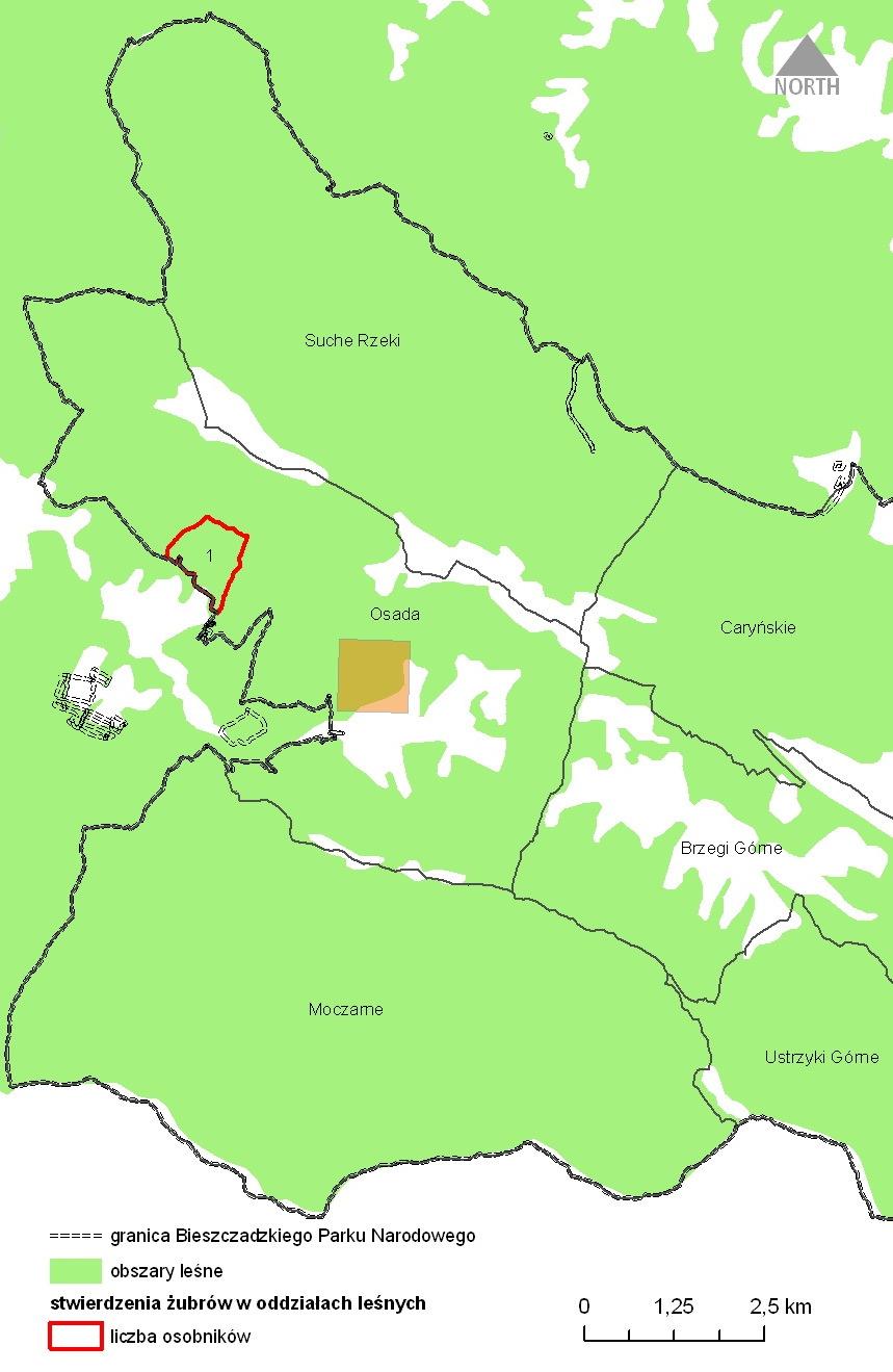 Ryc.12 Obszar lokalizacji Ŝubrów (czerwona linia) na terenie obwodu ochronnego Osada.