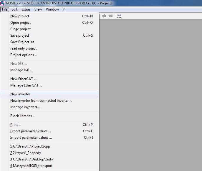 Z menu File > New inwerter możemy dodać kolejny falownik. Falownik, który ma być Slave powinien mieć aplikacje El.CamCommandPosi (elektroniczna krzywka).