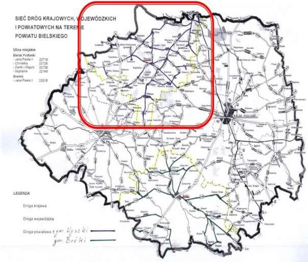 RYSUNEK 9 SIEĆ DRÓG KRAJOWYCH, WOJEWÓDZKICH I POWIATOWYCH NA TERENIE POWIATU BIELSKIEGO Źródło: Powiatowy Zarząd Dróg w Bielsku Podlaskim W obrębie Gminy Wyszki znajdują się dwie drogi wojewódzkie nr
