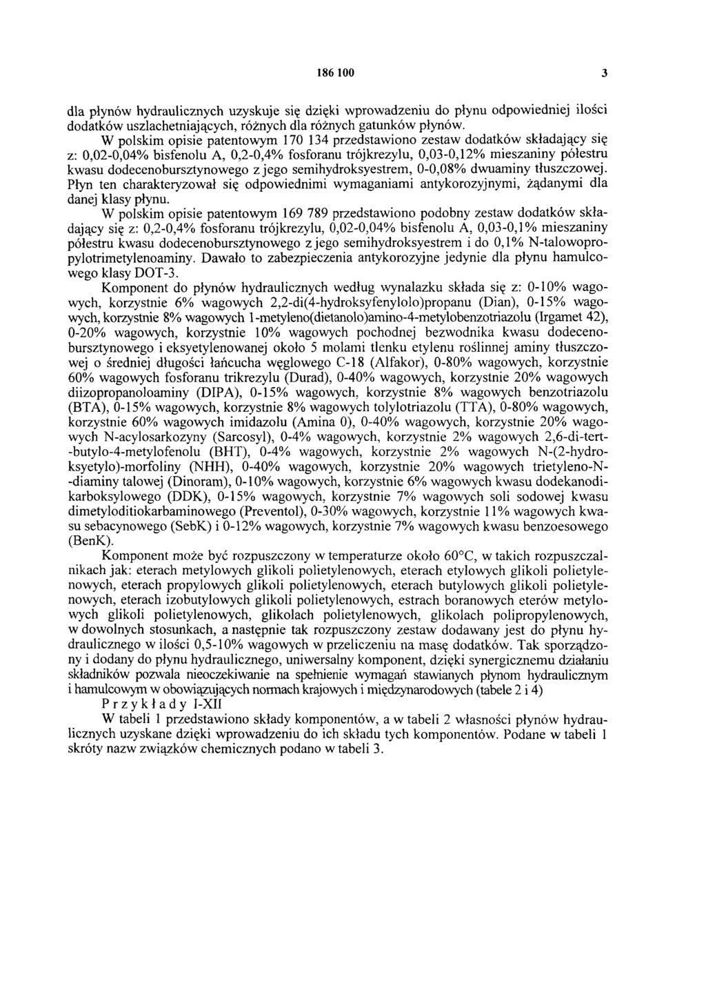 186 100 3 dla płynów hydraulicznych uzyskuje się dzięki wprowadzeniu do płynu odpowiedniej ilości dodatków uszlachetniających, różnych dla różnych gatunków płynów.