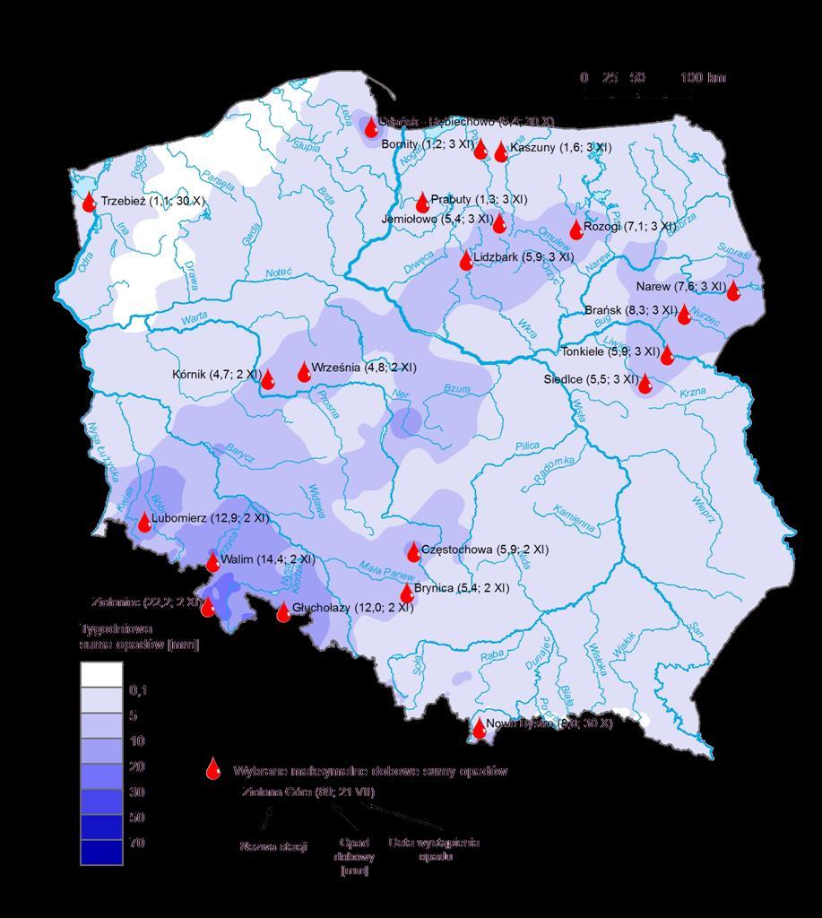 3. Rozkład tygodniowej sumy opadów oraz wybrane maksymalne