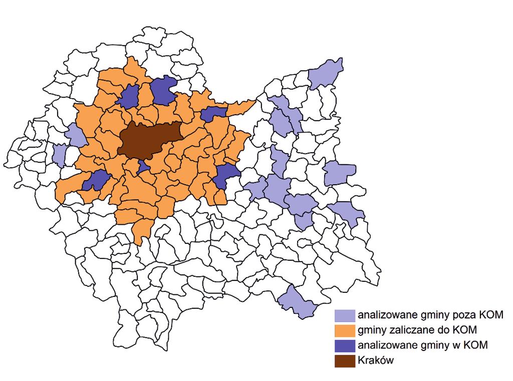 Sytuacja demograficzna małych miast w cieniu metropolii... 79 5.3. Metodologia Badaniem zostały objęte miasta poniżej 5 000 mieszkańców, których w województwie małopolskim jest 19 (ryc. 1).