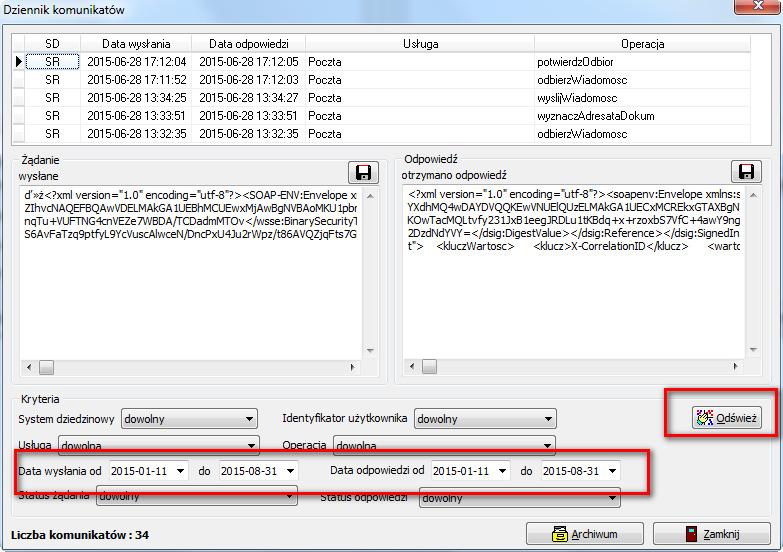 W celu zarchiwizowania grupy komunikatów ustawiamy interesujące nas kryteria a następnie zatwierdzamy swój wybór korzystając z ikony Odśwież: W oknie komunikatów pojawi się