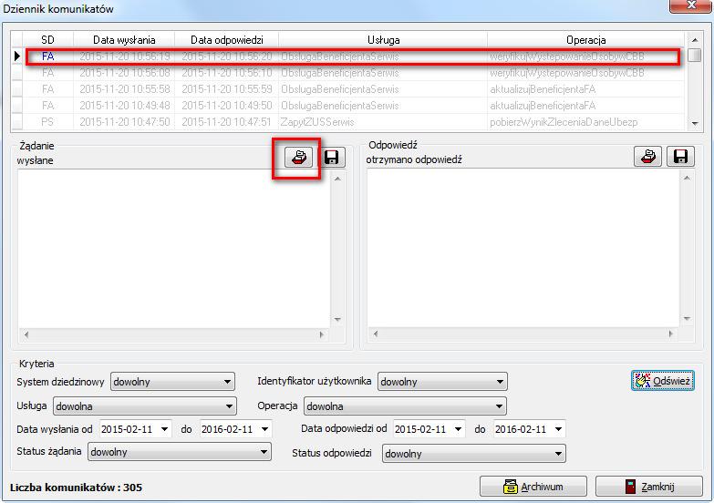 Zarchiwizowane komunikaty będą zaznaczone na liście kolorem szarym: a dla takiego komunikatu aktywna będzie dodatkowa ikona Pobranie treści komunikatu z