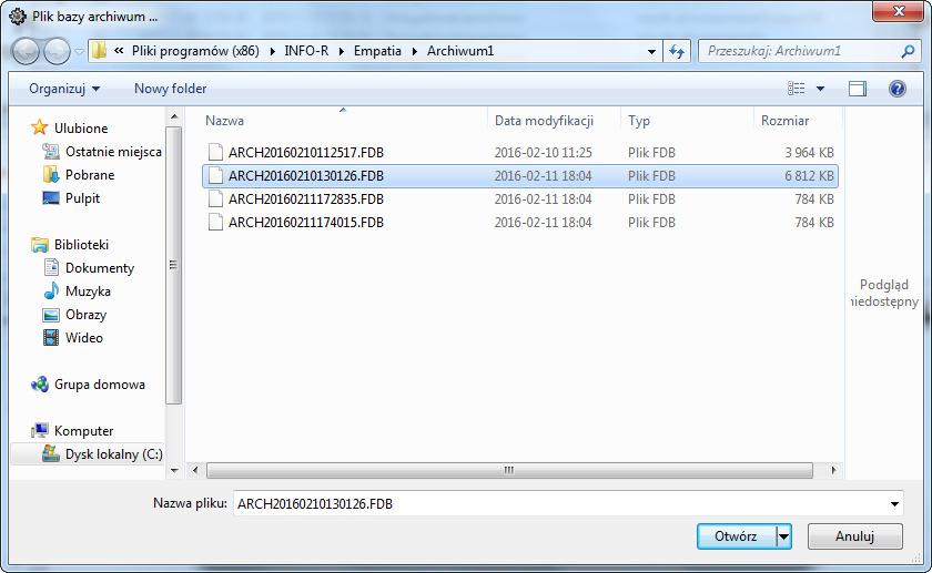 wskazania pliku z archiwum: I dopiero po wskazaniu