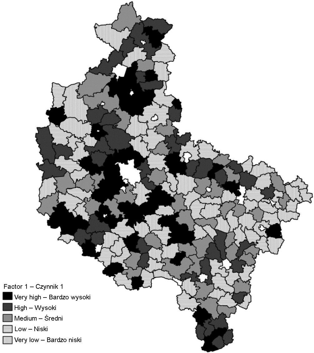 Fig. 5. Spatial distribution of factor 1 for environmental domain in rural areas of the Wielkopolskie voivodeship in 2015 Rys. 5. Rozkład przestrzenny czynnika 1 dla ładu środowiskowego obszarów wiejskich województwa wielkopolskiego w 2015 r.