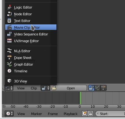 Rysunek 11: Przełączenie głównego okna w tryb Movie Clip Editor 2 Camera Tracking 1. Utwórz nowy plik, usuń kostkę 2. Przełacz główne okno w tryb Movie Clip Editor (rysunek 11) 3.
