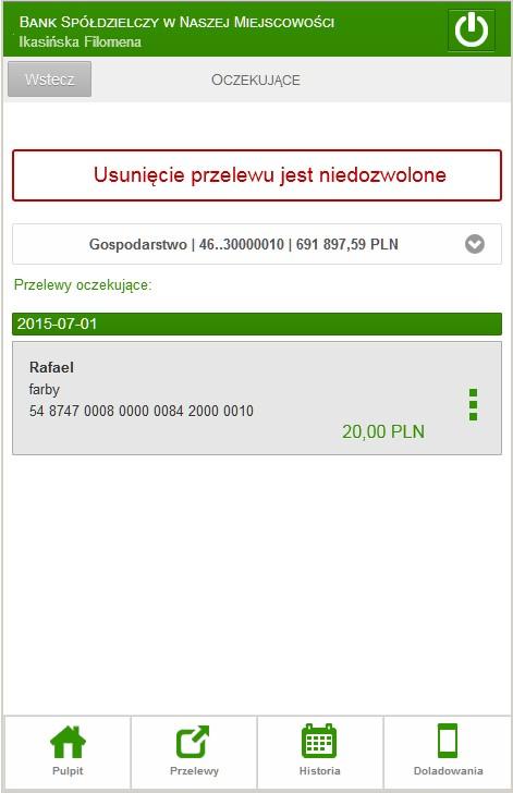 7.4.8. Przelew na rachunek własny PULPIT RACHUNKI WYBRANY RACHUNEK PRZELEWY NA RACH.