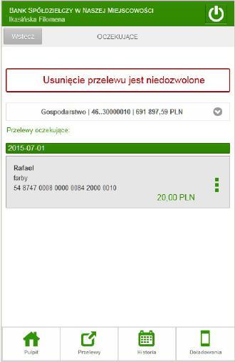 7.4.8. Przelew na rachunek własny PULPIT RACHUNKI WYBRANY RACHUNEK PRZELEWY NA RACH.