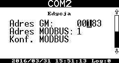 W przypadku adresu GM lub MODBUS przyciskami edytuje się poszczególne cyfry, zaś przyciskami można wybrać inną cyfrę.