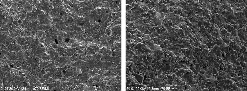 Porównanie mikrostruktury pastylek SL-2j (po lewej) i SL-2c (po prawej) wypalonych w odmiennych warunkach. SEM Fig. 7.