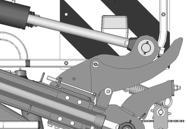 Mechanizm zabezpieczenia przedniej osłony brezentowej Mechanizm ten działa dzięki dźwigni (1), która podczas zbliżania się układu roboczego do ramy nośnej zgrabiarki jest odpychana sworzniem (4)