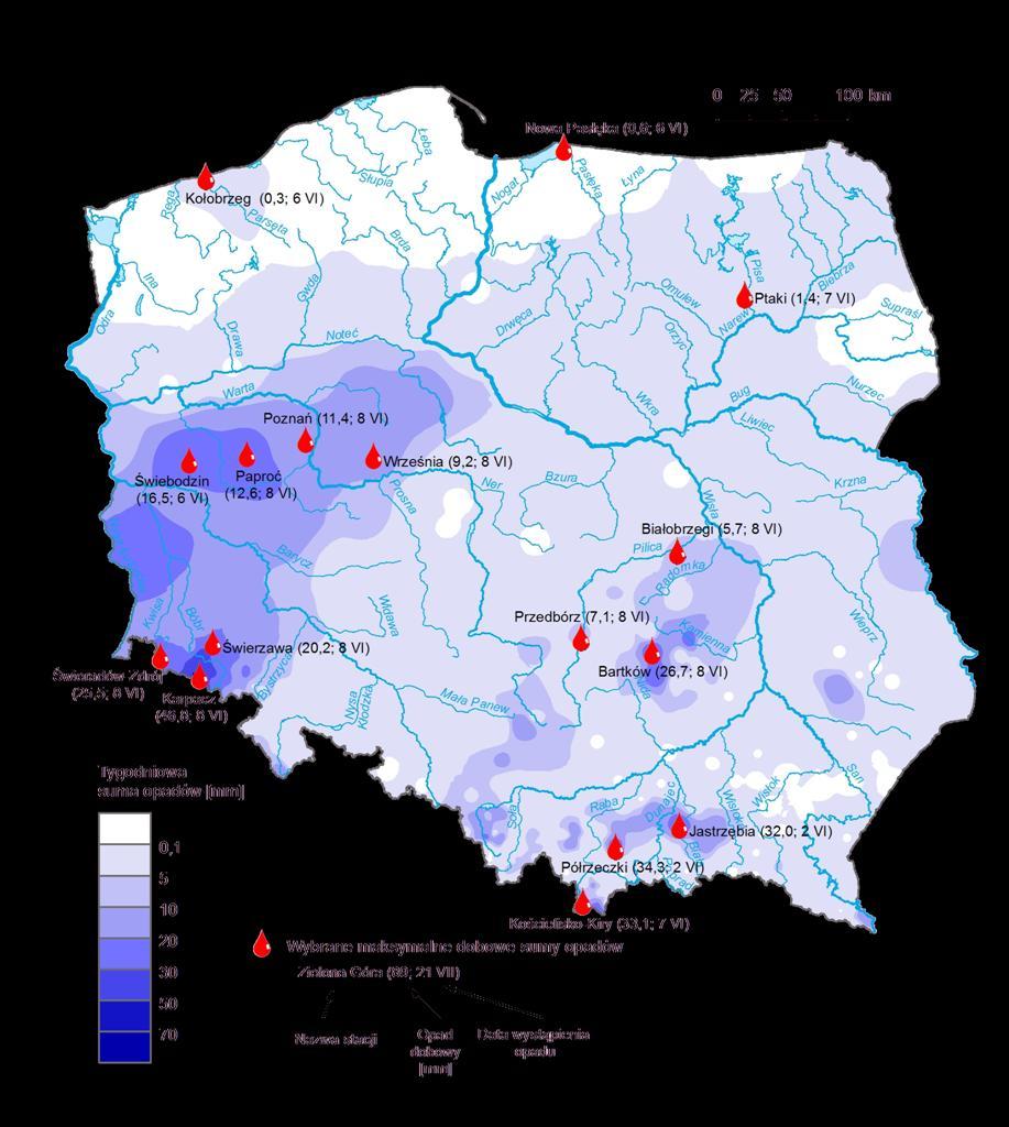 3. Rozkład tygodniowej sumy opadów oraz wybrane maksymalne