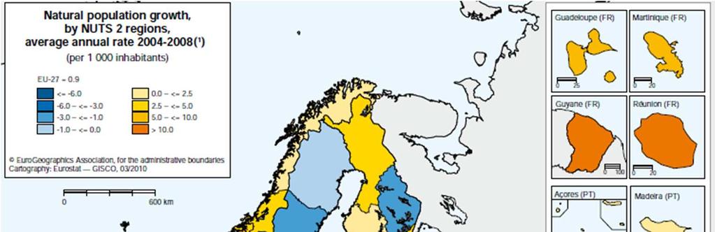 Natural population growth, by NUTS 2 regions, average annual