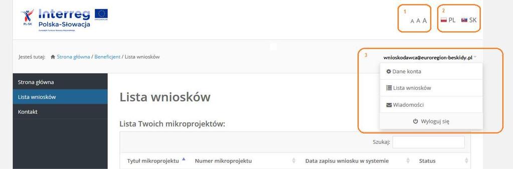 2. Nawigacja i układ graficzny systemu Po udanym zalogowaniu do systemu można rozpocząć prace związane z wprowadzeniem mikroprojektu.