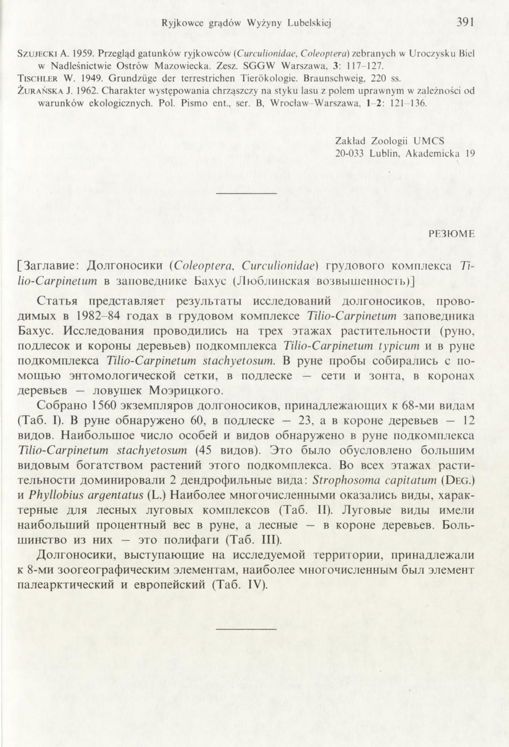 Ryjkowce grądów W yżyny Lubelskiej 391 S z u j e c k i A. 1959. Przegląd gatunków ryjkowców (Curculionidae, Coleopteru) zebranych w U roczysku Biel w Nadleśnictwie O strów M azowiecka. Zesz.