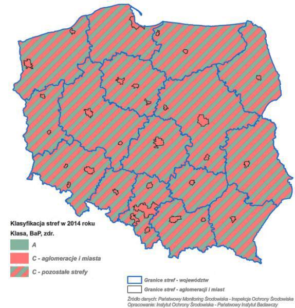 Rysunek 9. Klasyfikacja stref dla benzo(a)pirenu w 2014 r.