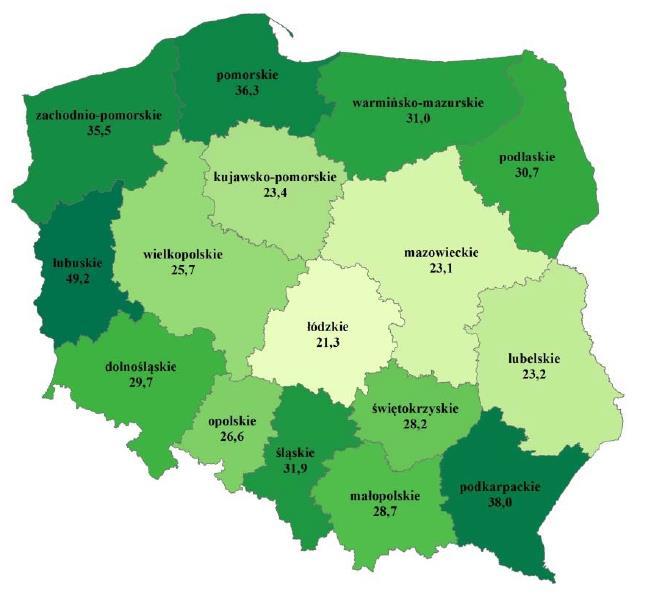Rysunek 11. Lesistość Polski według województw Źródło: Raport o stanie lasów w Polsce 2014 Lasy w Gminie Wiżajny charakteryzuje duży stopień naturalności oraz bogactwo florystyczne.