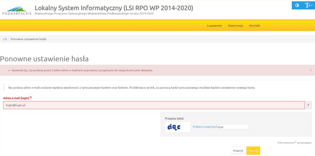 ustawienie nowego hasła. Podmiot zgłaszający po kliknięciu w link przeniesiony zostanie na stronę, gdzie może ustawić nowe hasło.