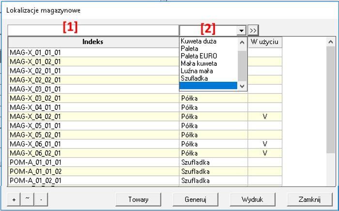 W górnej cz ci okna znajduje si filtr tekstowy na symbole lokalizacji oraz lista rozwijalna - filtr typów lokalizacji [1]. W rodkowej cz ci znajduje si tabela z lokalizacjami.