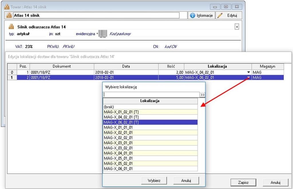 Podgl d / edycja lokalizacji dla wybranego towaru Aby przypisa lokalizacj wybranym pozycjom przychodowym dla danego towaru nale y z okna towaru otworzy z menu podr cznego 'Przypisanie lokalizacji do