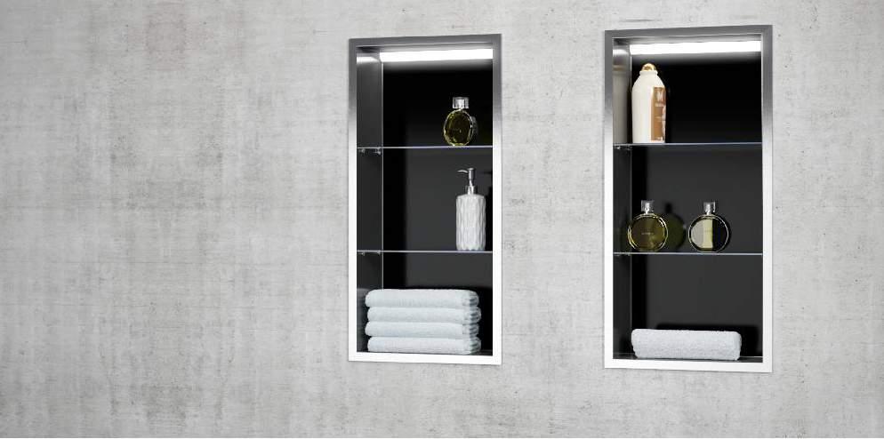 Built-in vertical Stainless steel container with lighting and glass shelves Edelstahl vertikal andeinbaucontainer mit Beleuchtung und Glasblagen Półka ze stali nierdzewnej do zabudowy z oświetleniem,
