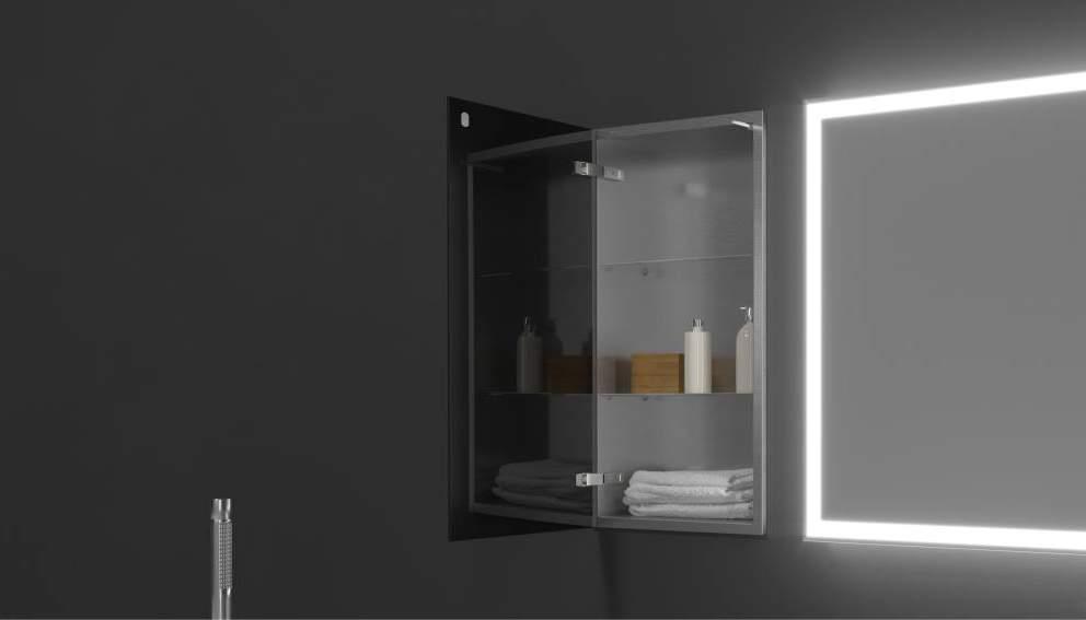 Built-in Stainless steel cabinet with glass doors and shelves Edelstahl andeinbauschrank mit Glastür und Glasblagen Szafka ze stali nierdzewnej do zabudowy ze szklanymi drzwiami i półkami steel