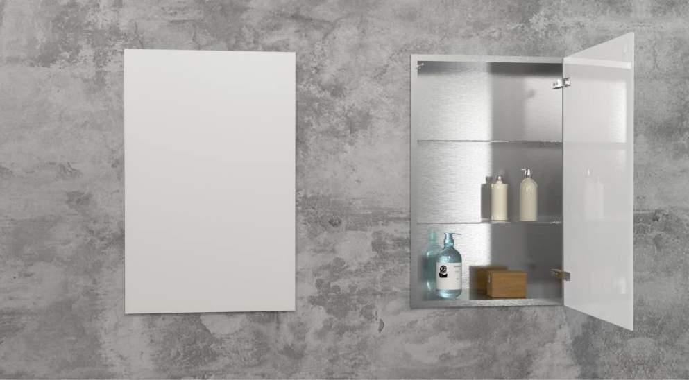 Built-in Stainless steel cabinet with glass doors and shelves Edelstahl andeinbauschrank mit Glastür und Glasblagen Szafka ze stali nierdzewnej ze szklanymi drzwiami i półkami steel grade/