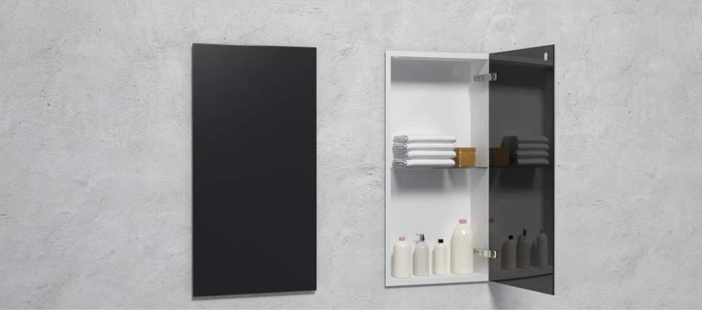 Built-in Stainless steel cabinet with glass doors and shelves.