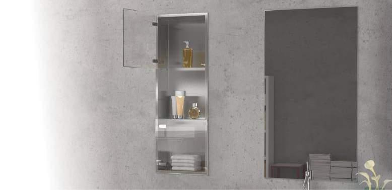 Built-in Stainless steel tall cabinet with glass doors and shelves Edelstahl andeinbau Hochschrank mit Glastür und Glasablagen Szafka łazienkowa wysoka ze stali nierdzewnej do zabudowy ze szklanymi