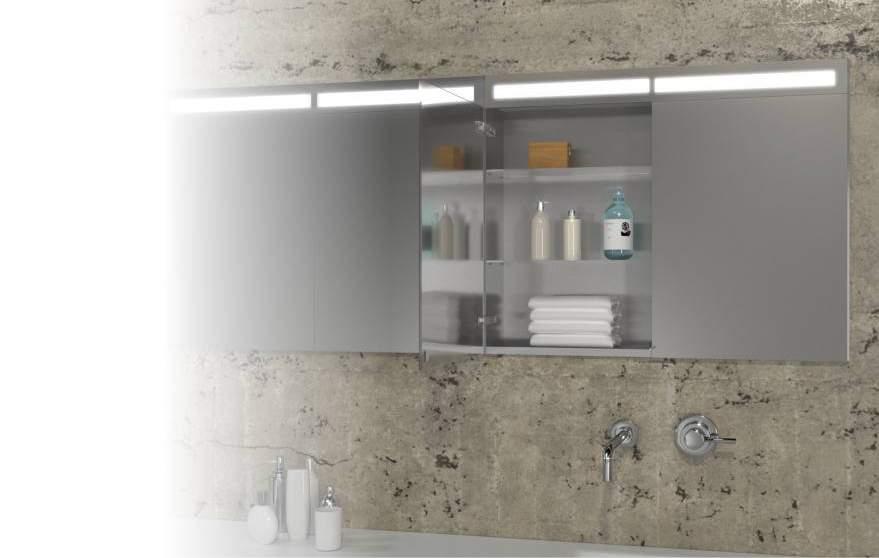 Built-in Stainless steel mirrored cabinet with double sided mirror doors and glass shelves with lighting Edelstahl andeinbauspiegelschrank mit Doppelspiegel Türen und Glasablagen mit Beleuchtung