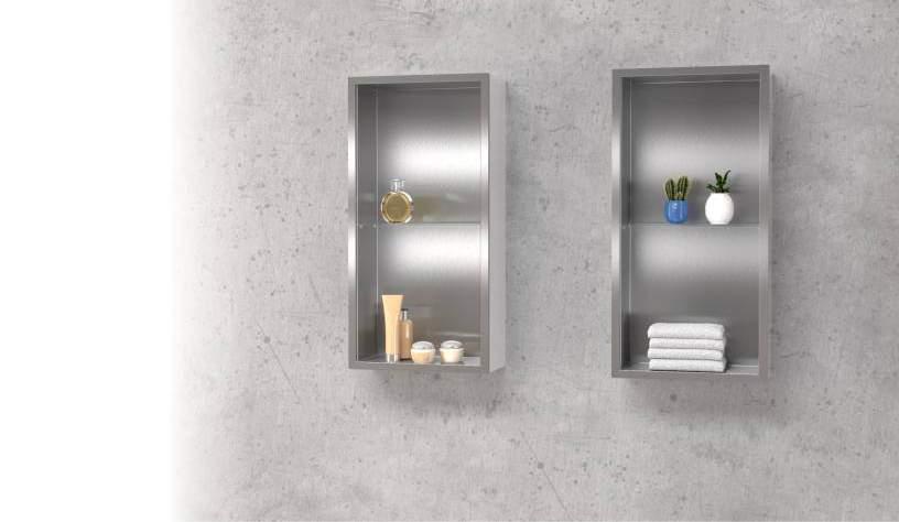 Vertical Stainless steel wall container with glass shelves in glass or veneer covering Edelstahl vertikal andcontainer mit Glasablagen in Glas oder
