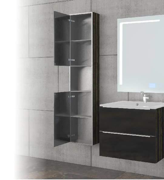 Stainless steel tall wall cabinet with glass doors and shelves in glass or veneer covering Edelstahl and Hochschrank mit Glastür und Glasablagen in Glas oder Fornier