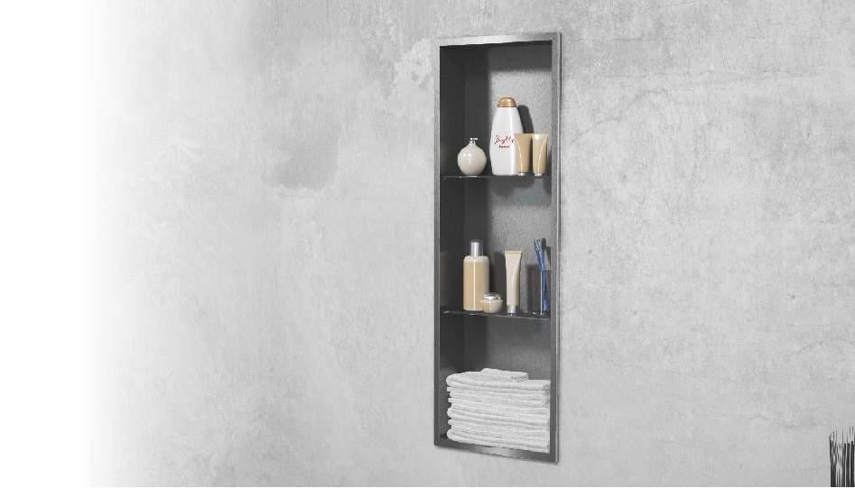 Built-in vertical Stainless steel container with glass shelves Edelstahl vertikal andeinbaucontainer mit Glasblagen Półka ze stali nierdzewnej do zabudowy we wnęce.