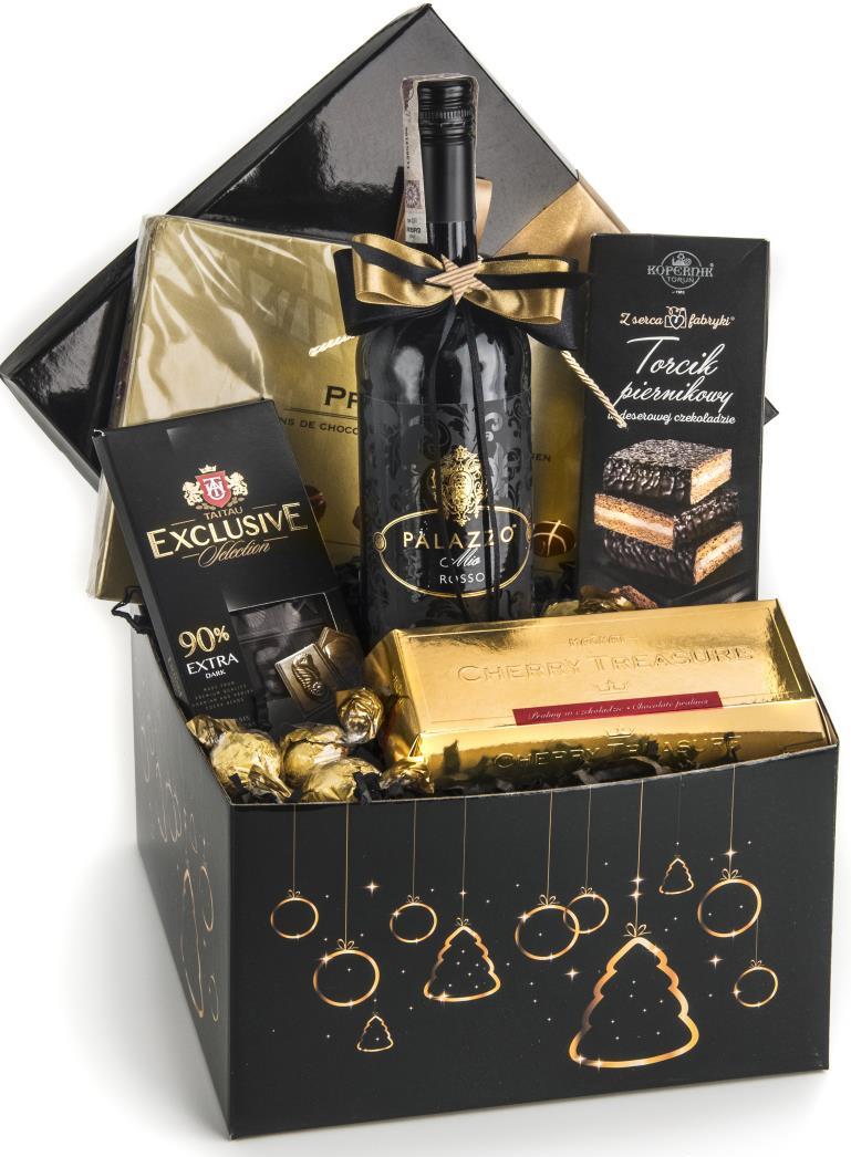 ZESTAW DARK GOLD *Butelka włoskiego, czerwonego wytrawnego wina 0,75l *Asortyment czekoladowych belgijskich pralinek 200g *Torcik piernikowy w deserowej czekoladzie z Serca Fabryki 180g *Tabliczka