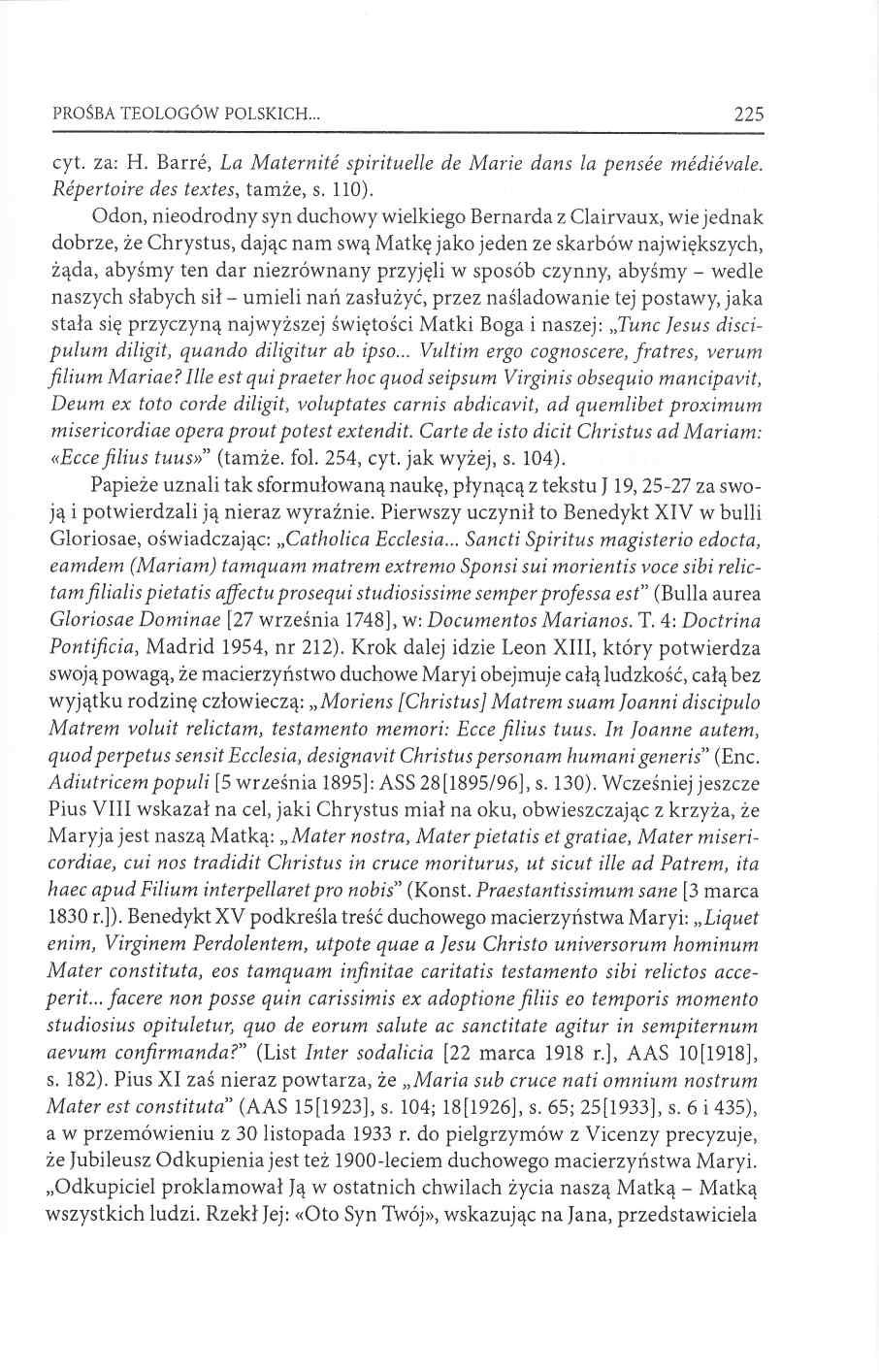 PROŚBA TEOLOGÓW POLSKICH 2 2 5 cyt. za: H. Barré, La Maternité spirituelle de Marie dans la pensée médiévale. Répertoire des textes, tamże, s. 110).