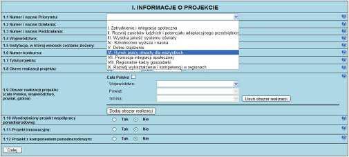 II. WYPEŁNIANIE WNIOSKU O DOFINANSOWANIE PROJEKTU W RAMACH PO KL UWAGA! W przypadku, gdy dane pole nie dotyczy projektu (np.