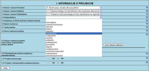 W przypadku projektów innowacyjnych naleŝy wybrać właściwe dla danego Działania Poddziałanie, które IP/IP2 wskazała w dokumentacji konkursowej lub dla projektu systemowego jako mające zastosowanie w
