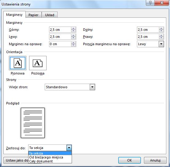 Okno dialogowe Ustawienia strony Umożliwia skonfigurowanie wielu opcji formatowania odnoszących się do danej strony i sekcji.