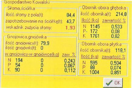 Pokazuje się okno z wprowadzonymi danymi 6 Kliknij Informacje Dane o nawozach naturalnych i słomie,